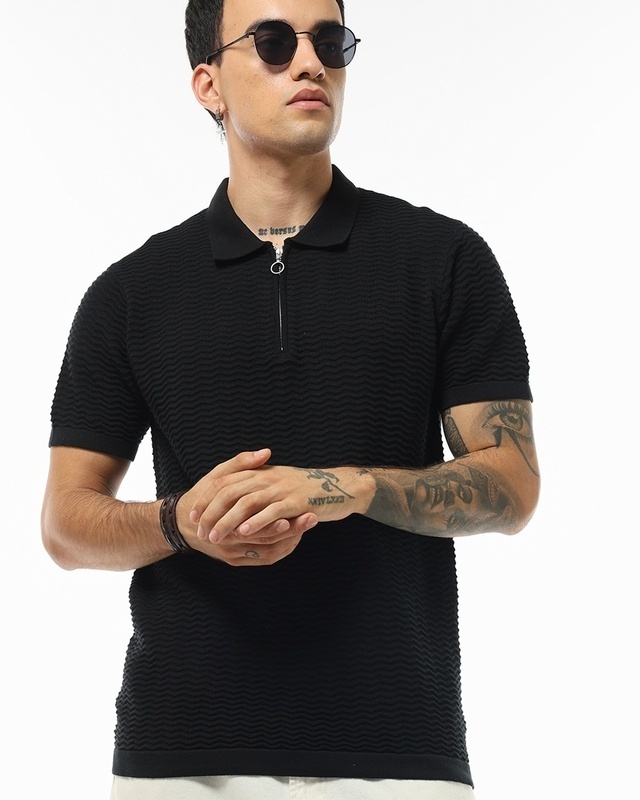 Shop Men's Black Textured Flatknit Polo T-shirt-Front
