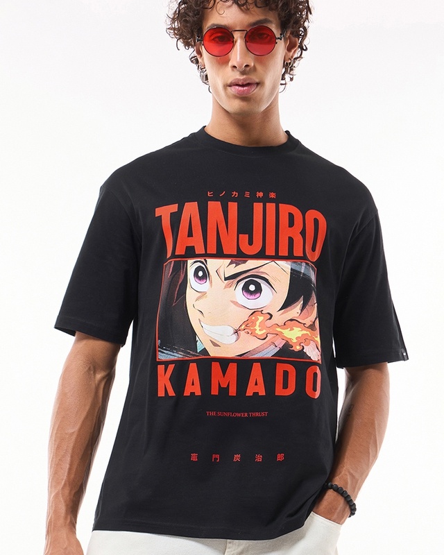 Shop Men's Black Tanjiro Fire Breathing Graphic Printed Oversized T-shirt-Front