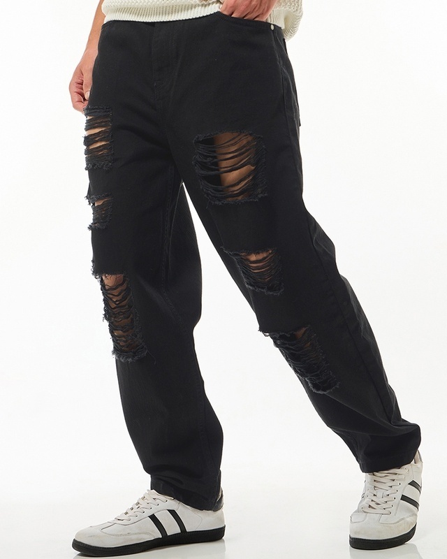 Shop Men's Black Tapered Fit Distressed Jeans-Front