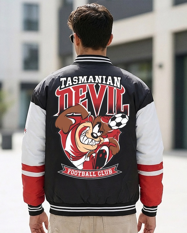 Shop Men's Black Tasmanian Devil Graphic Printed Oversized Bomber Jacket-Front