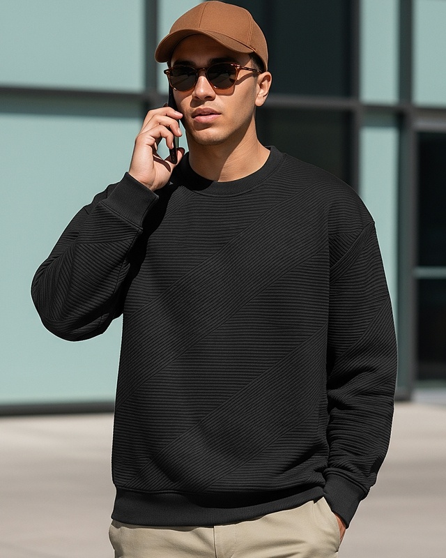 Shop Men's Black Textured Oversized Sweatshirt-Front