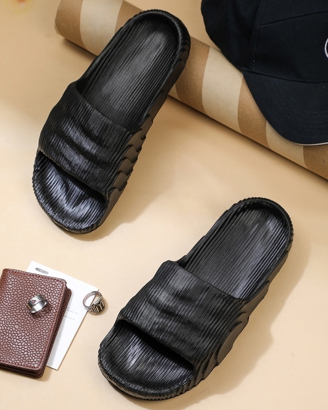 Shop Men's Black Textured Sliders-Front