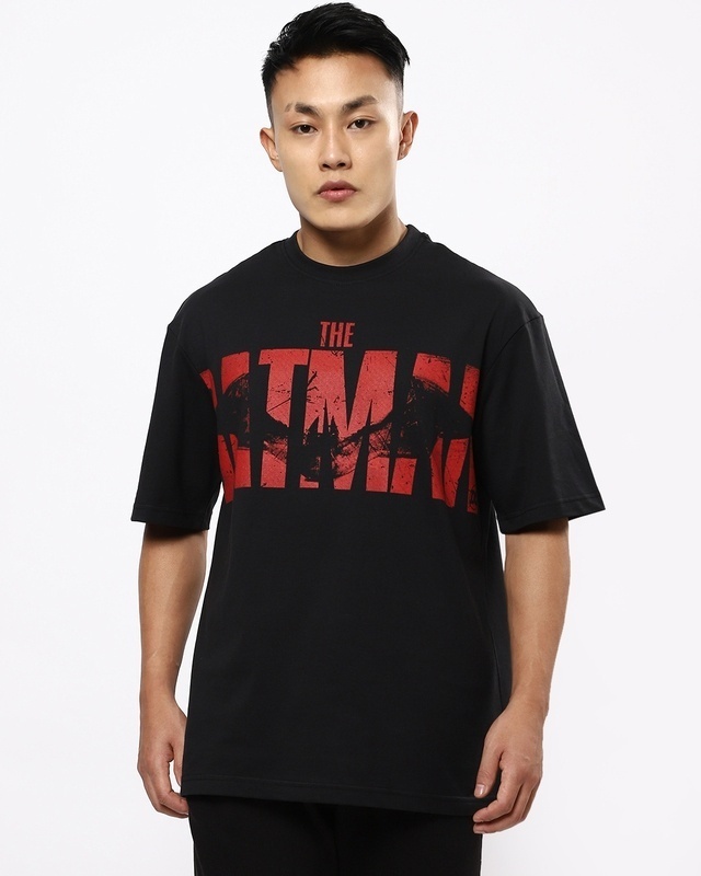 Shop Men's Black The Batman Oversized Typography T-shirt-Front