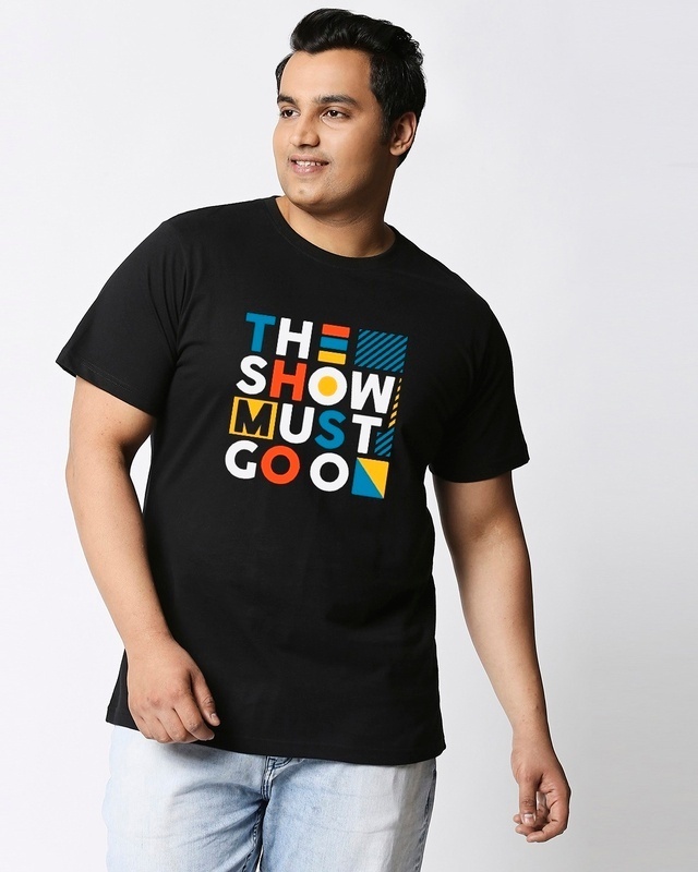Shop Men's Black The Show Must Go On Typography Plus Size T-shirt-Front