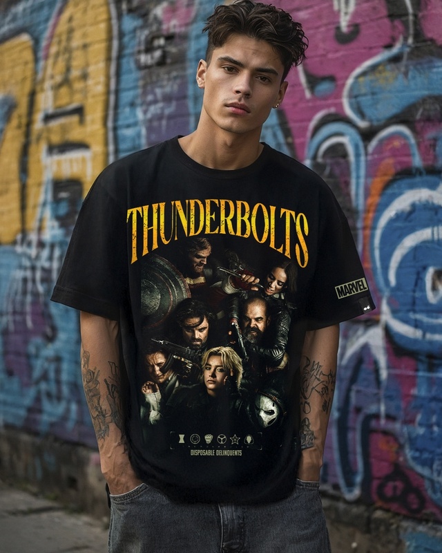 Shop Men's Black Thunderbolts Graphic Printed Oversized T-shirt-Front
