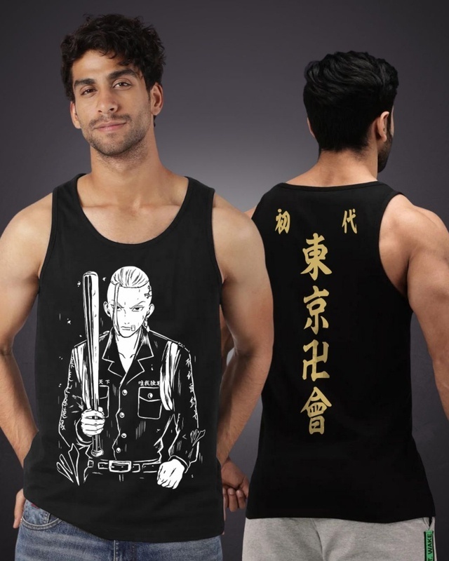 Shop Men's Black Tokyo Revengers Draken Graphic Printed Cotton Vest-Front