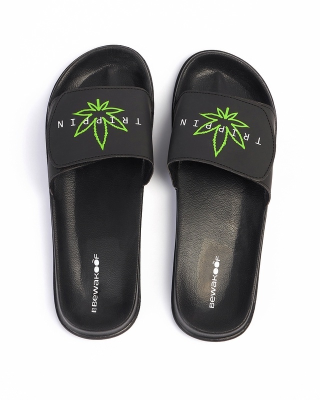 Shop Men's Black Trippin Printed Velcro Sliders-Front