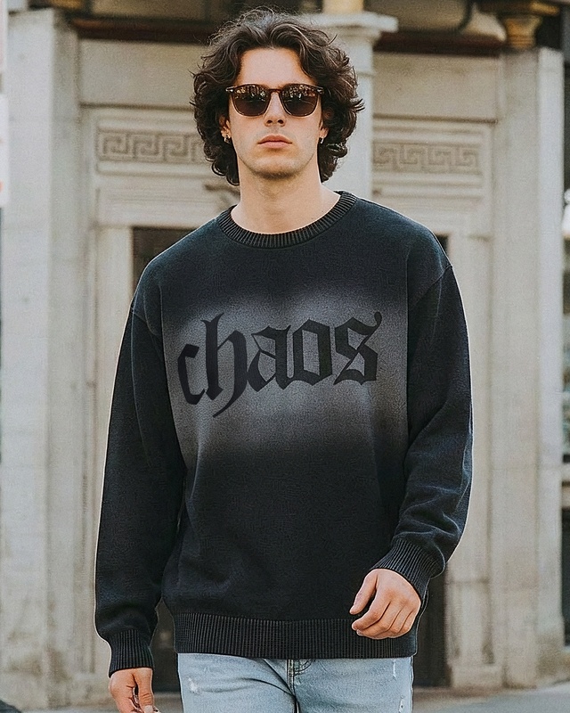 Shop Men's Black Typography Oversized Acid Wash Sweater-Front