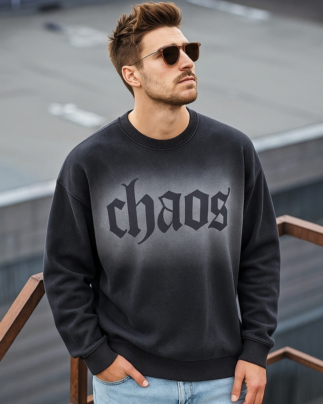 Shop Men's Black Typography Oversized Acid Wash Sweater-Front