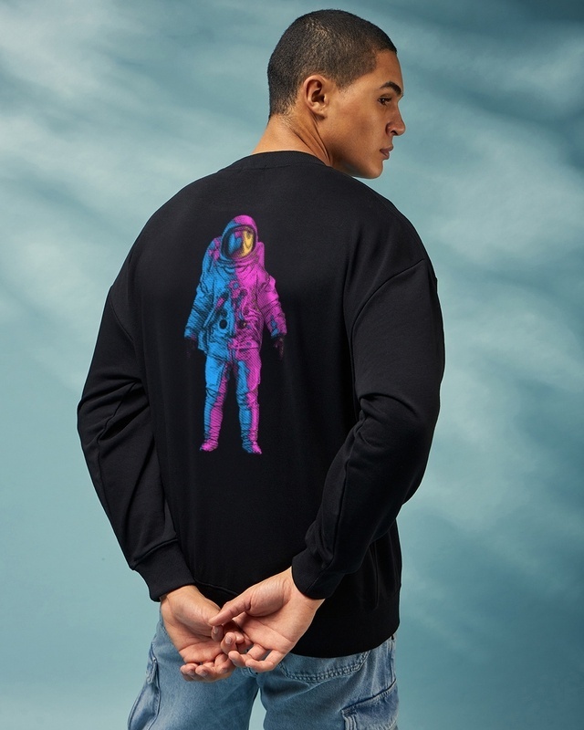 Shop Men's Black Universal Astro Graphic Printed Oversized Sweatshirt-Front
