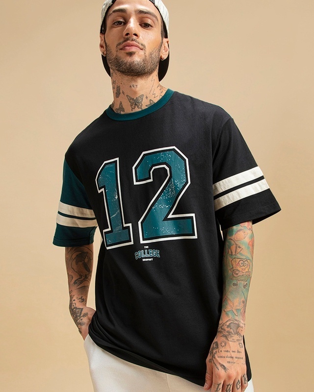 Shop Men's Black Varsity 12 Graphic Printed Oversized T-shirt-Front