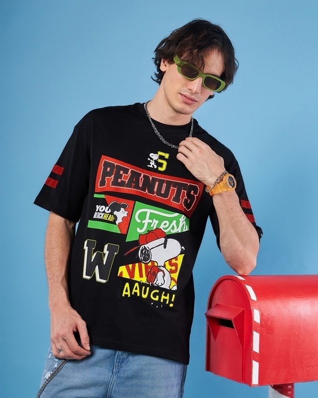 Shop Men's Black Varsity Peanuts Graphic Printed Oversized T-shirt-Front