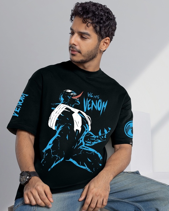 Shop Men's Black Venom Graphic Printed Oversized T-shirt-Front
