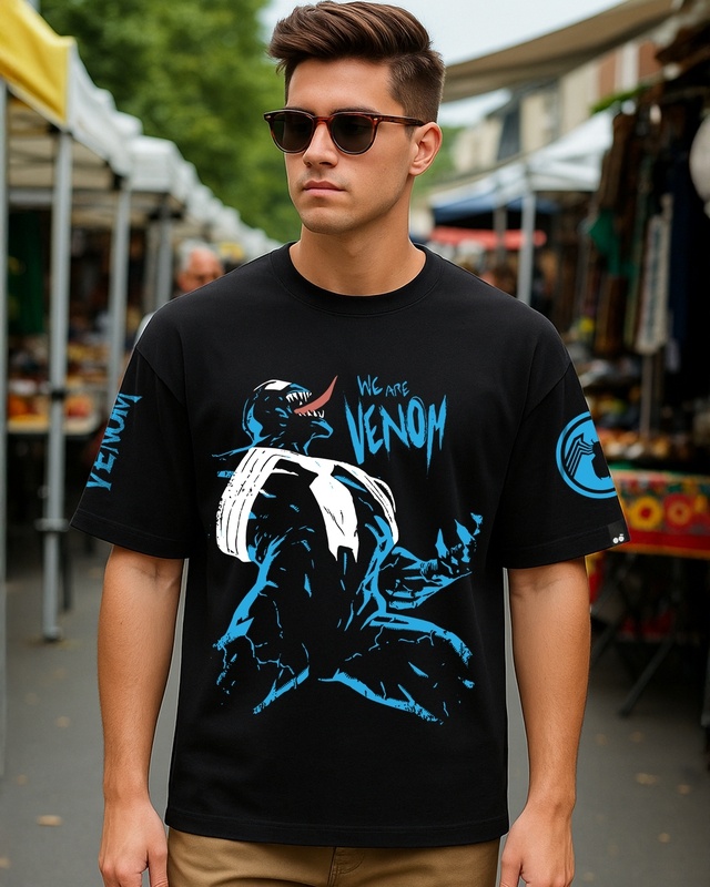 Shop Men's Black Venom Graphic Printed Oversized T-shirt-Front