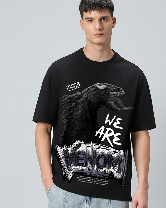 Shop Men's Black Venom Graphic Printed Oversized T-shirt-Front