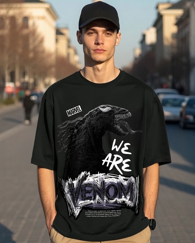 Shop Men's Black Venom Graphic Printed Oversized T-shirt-Front