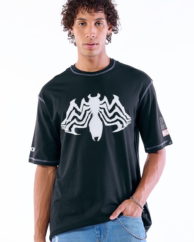 Shop Men's Black Venomized Graphic Printed Oversized Fit T-shirt-Front