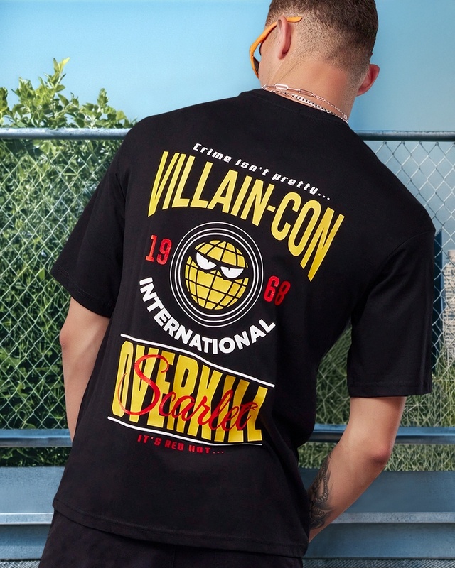 Shop Men's Black Villan-Con Typography Oversized T-shirt-Front