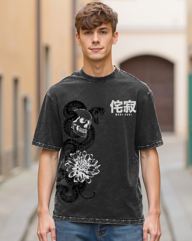 Shop Men's Black Wabsisabi Graphic Printed Oversized Acid Wash T-shirt-Front