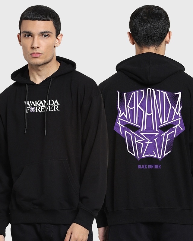 Shop Men's Black Wakanda Forever War Cry Graphic Printed Oversized Hoodie-Front