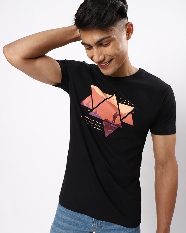 Shop Men's Black Wander Geometry Graphic Printed T-shirt-Front