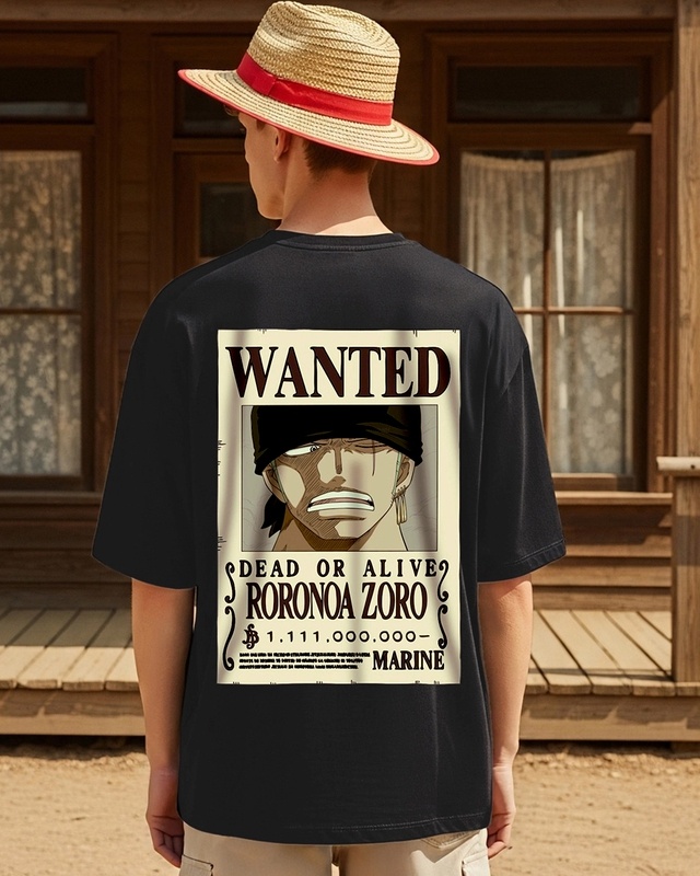 Shop Men's Black Wanted Zoro Graphic Printed Oversized T-shirt-Front