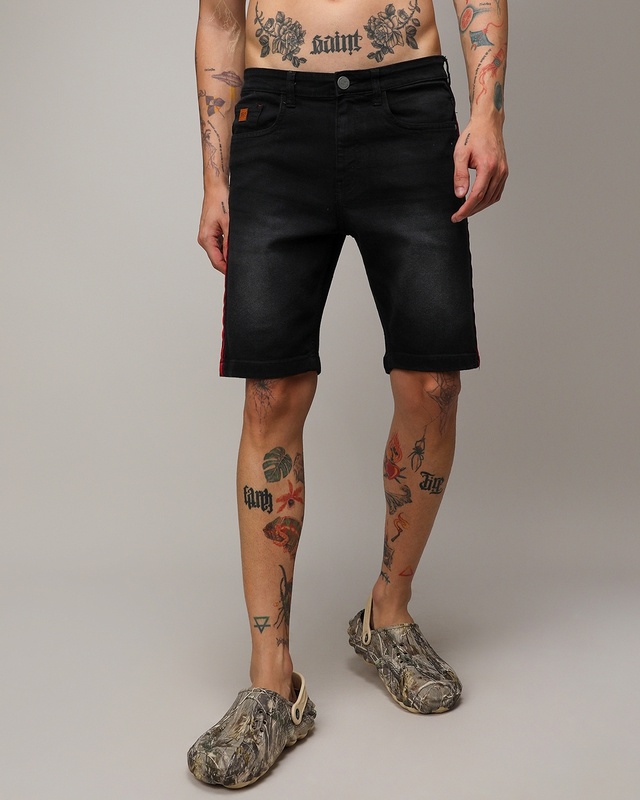 Shop Men's Black Washed Denim Shorts-Front