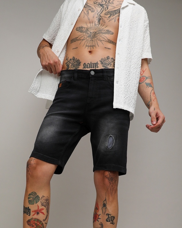 Shop Men's Black Washed Distressed Denim Shorts-Front