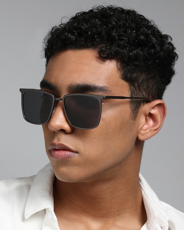 Shop Men's Black Wayfarer Polarised Lens Sunglasses-Front