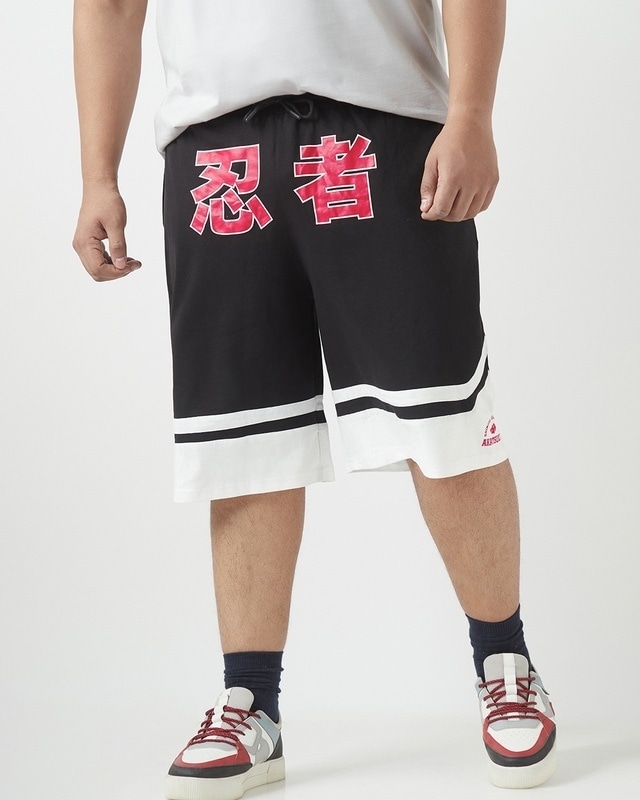 Shop Men's Black & White Akatsuki Typography Oversized Plus Size Varsity Shorts-Front