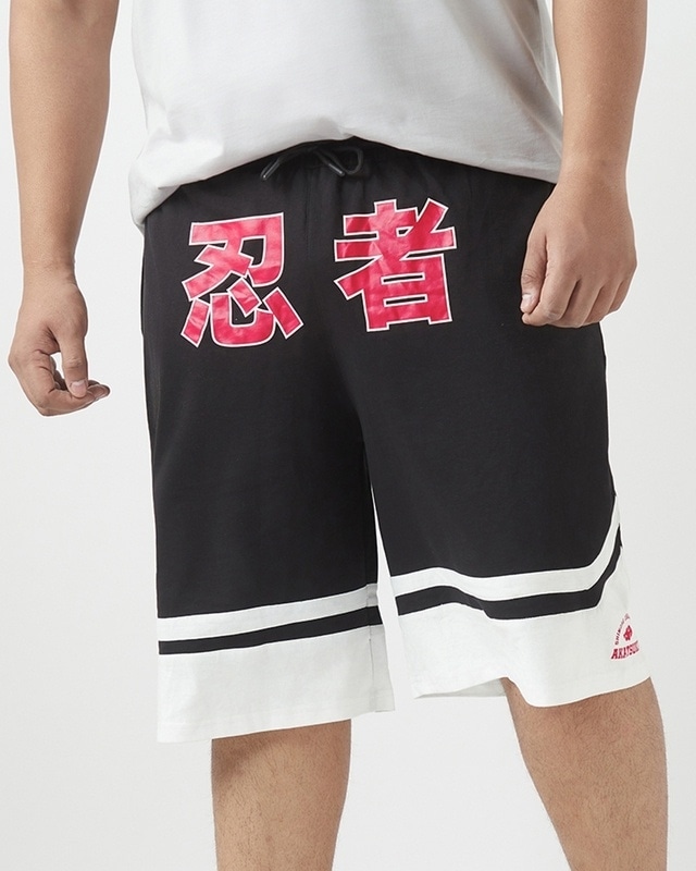 Shop Men's Black & White Akatsuki Typography Oversized Plus Size Varsity Shorts-Front