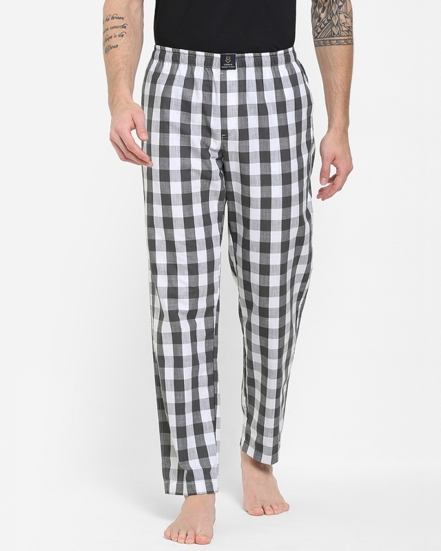 Shop Men's Black & White Checked Cotton Lounge Pants-Front