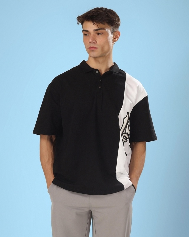 Shop Men's Black & White Color Block Oversized Polo T-shirt-Front