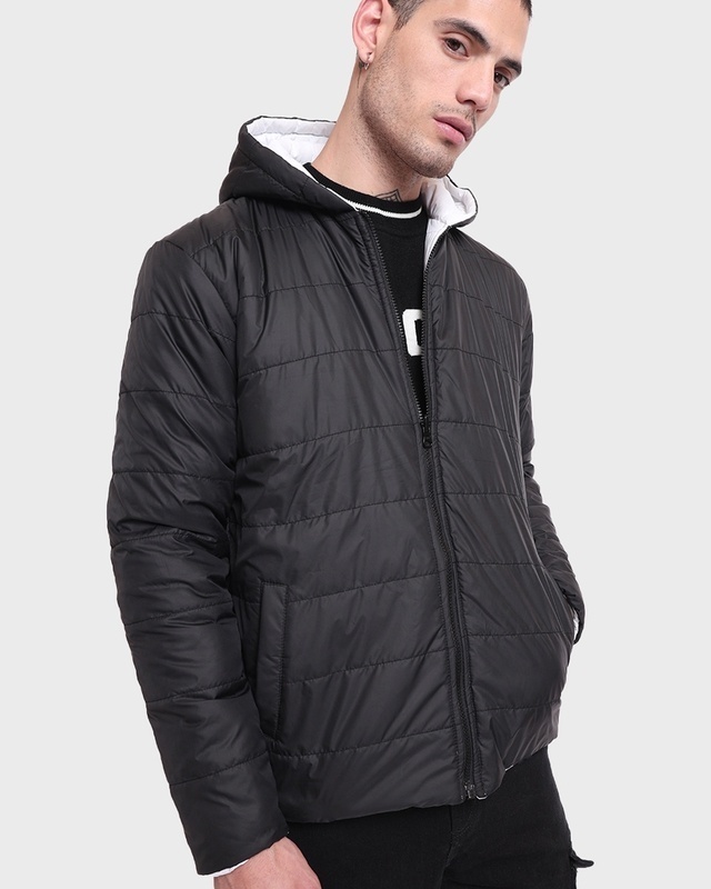 Shop Men's Black & White Reversible Oversized Plus Size Puffer Jacket-Front