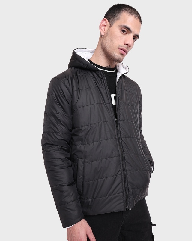 Shop Men's Black & White Reversible Oversized Plus Size Puffer Jacket-Front