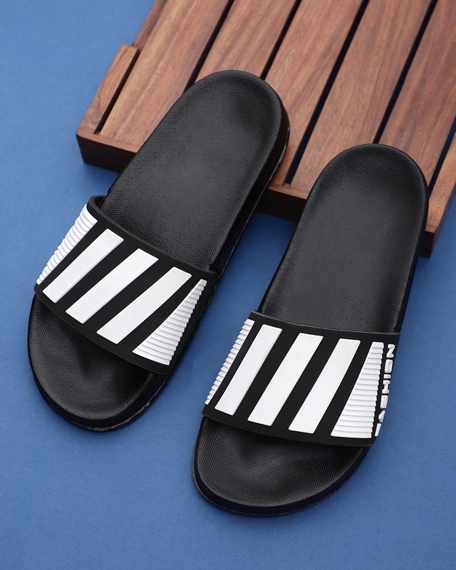 Shop Men's Black & White Striped Lightweight Sliders-Front
