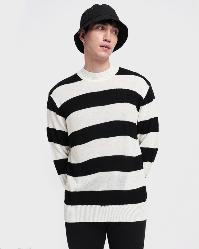 Shop Men's Black & White Striped Oversized Sweater-Front