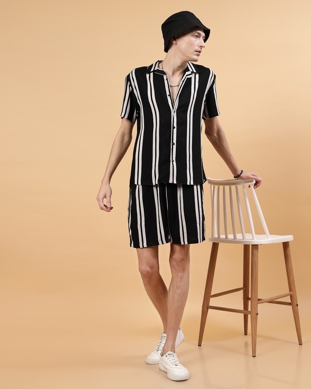 Shop Men's Black & White Striped Slim Fit Co-ordinates-Front