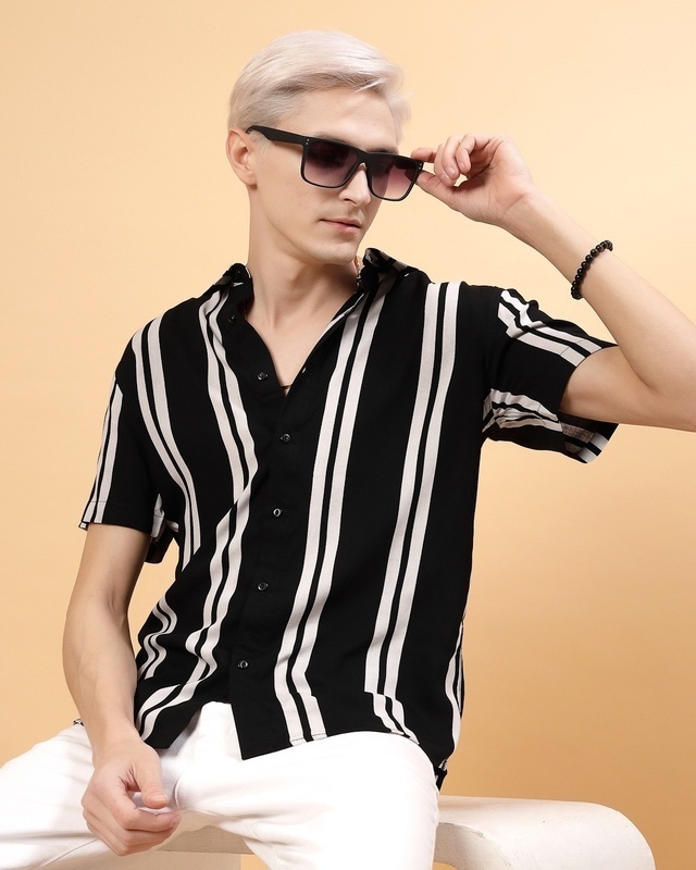 Shop Men's Black & White Striped Slim Fit Shirt-Front