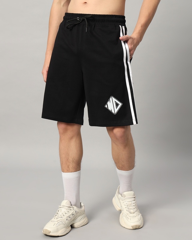 Shop Men's Black & White WD Side Panel Relaxed Fit Shorts-Front