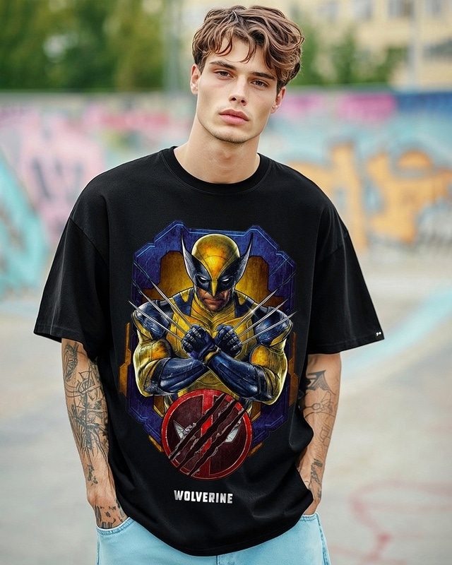 Shop Men's Black Wolverine Graphic Printed Oversized T-shirt-Front