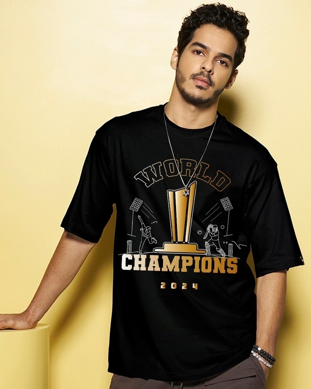 Shop Men's Black World Champion Graphic Printed Oversized T-shirt-Front