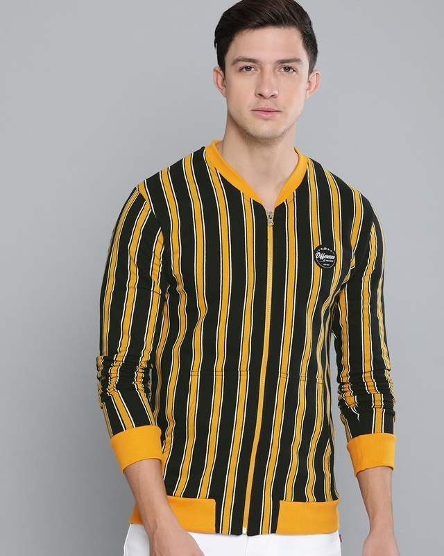 Shop Men's Black & Yellow Striped Bomber Jacket-Front