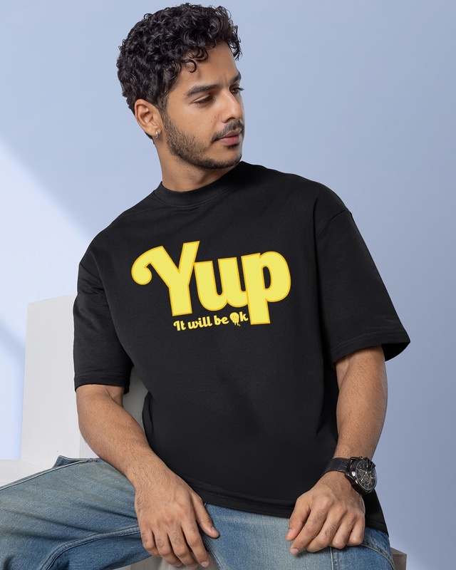 Shop Men's Black Yup It Will Be Ok Typography Oversized T-shirt-Front