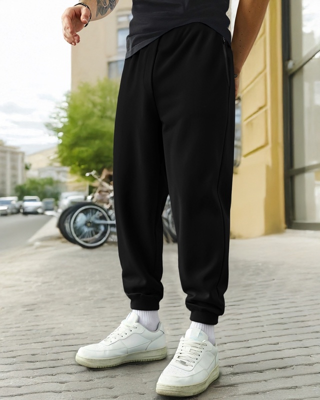 Shop Men's Black Zipper Casual Joggers-Front