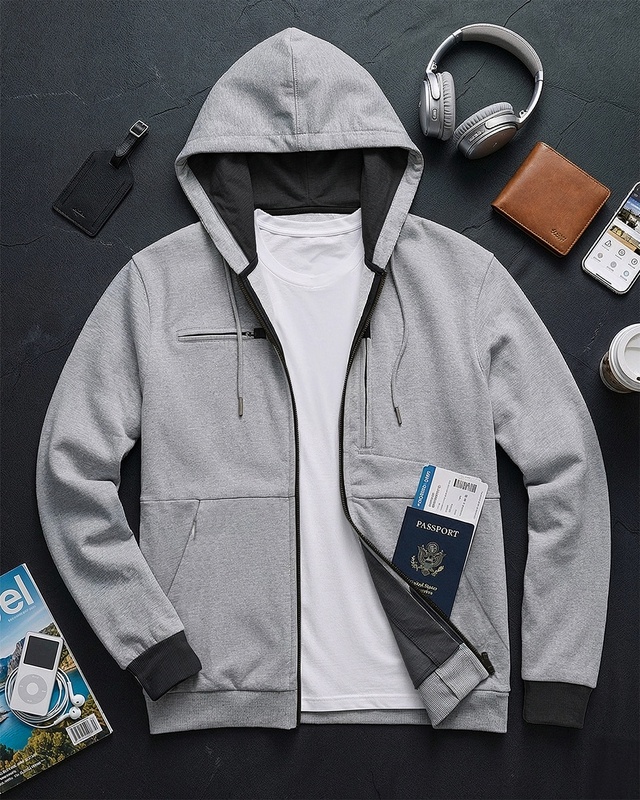 Men's Grey Melange Airport Hoodie-Front Bewakoof Shop Men's Grey Melange Airport Hoodie-Front