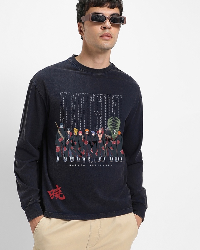 Shop Men's Blue Akatsuki Graphic Printed Oversized Acid Wash T-shirt-Front