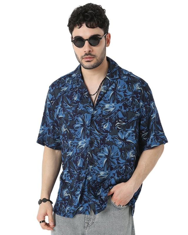 Shop Men's Blue All Over Floral Printed Relaxed Fit Shirt-Front