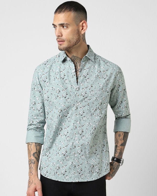 Shop Men's Blue All Over Floral Printed Slim Fit Shirt-Front