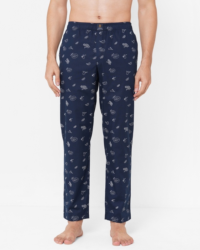 Shop Men's Blue All Over Printed Cotton Lounge Pants-Front